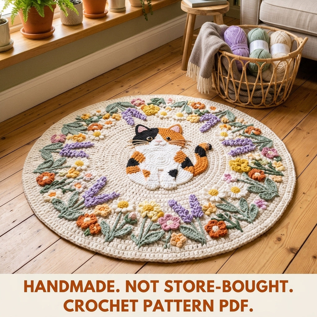 Calico Cat Flower Round Rug Crochet Pattern PDF – Cat Rug with Flower Wreath