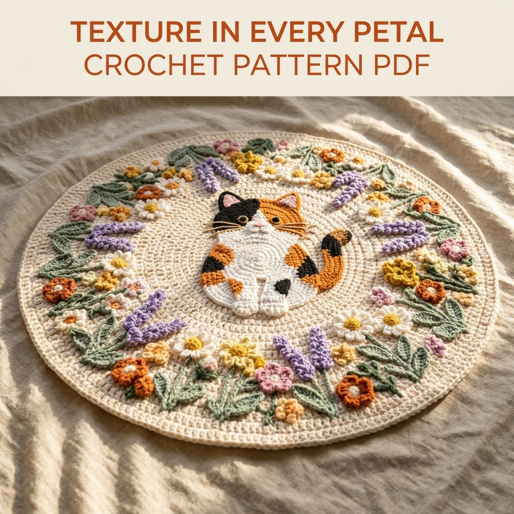 Calico Cat Flower Round Rug Crochet Pattern PDF – Cat Rug with Flower Wreath