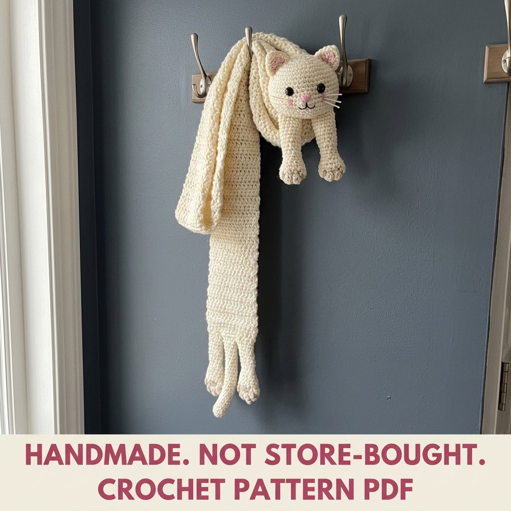 Kitty Hug Scarf Crochet Pattern PDF – Cat Scarf with 3D Head and Paws