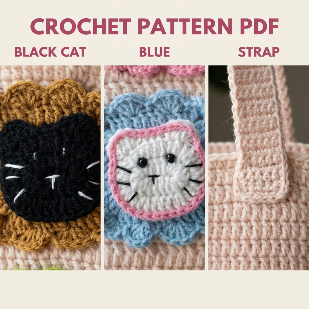 Kitty Patch Tote Bag Crochet Pattern PDF – Cat Face Shoulder Bag with Flower Frames