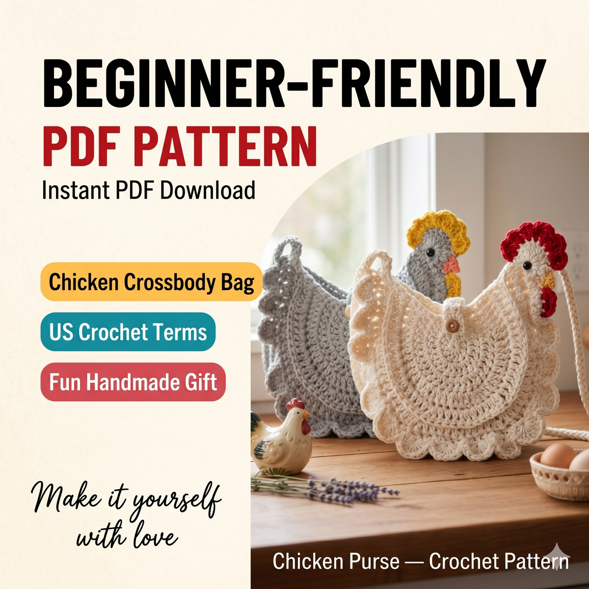 Chicken Purse Crochet Pattern, Amigurumi Hen Bag Tutorial, Cottagecore Farmhouse Accessory DIY, Cute Animal Crossbody, Digital Download