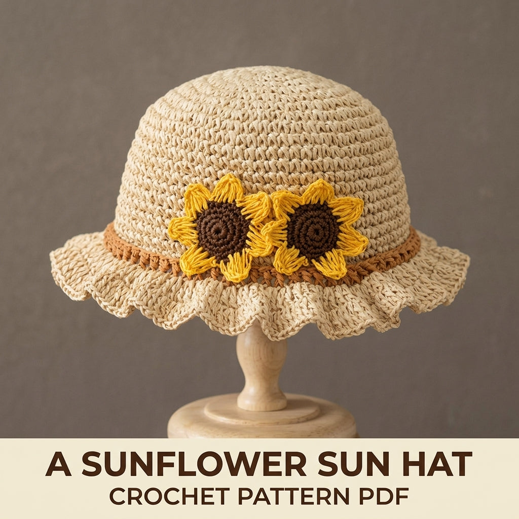 Sunflower Ruffle Sun Hat Crochet Pattern PDF – Kids Raffia Summer Hat with Flowers