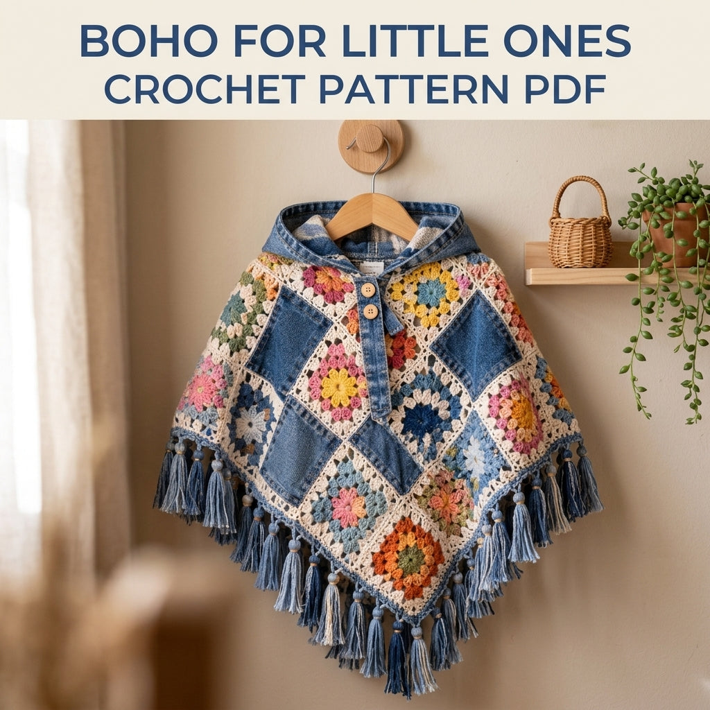 Denim Granny Square Poncho Crochet Pattern PDF – Kids Hooded Poncho