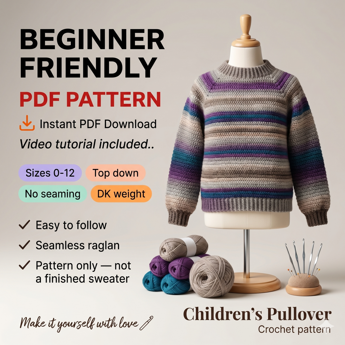 CROCHET PATTERN & VIDEO/ Athabasca Falls Children's Pullover, Easiest Children's Crochet Sweater, Easy Children's Pullover Pattern, Beginner