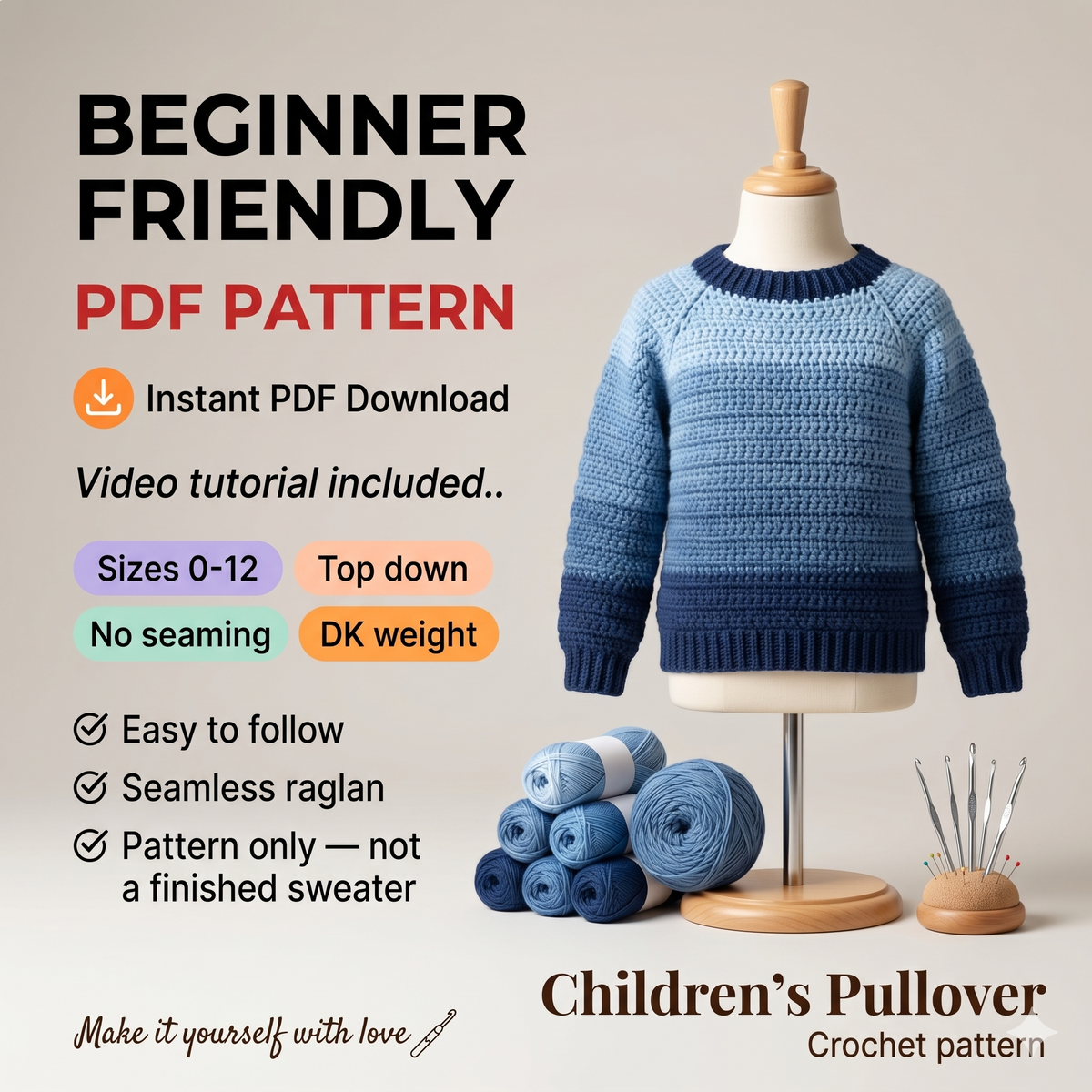 CROCHET PATTERN & VIDEO/ Athabasca Falls Children's Pullover, Easiest Children's Crochet Sweater, Easy Children's Pullover Pattern, Beginner
