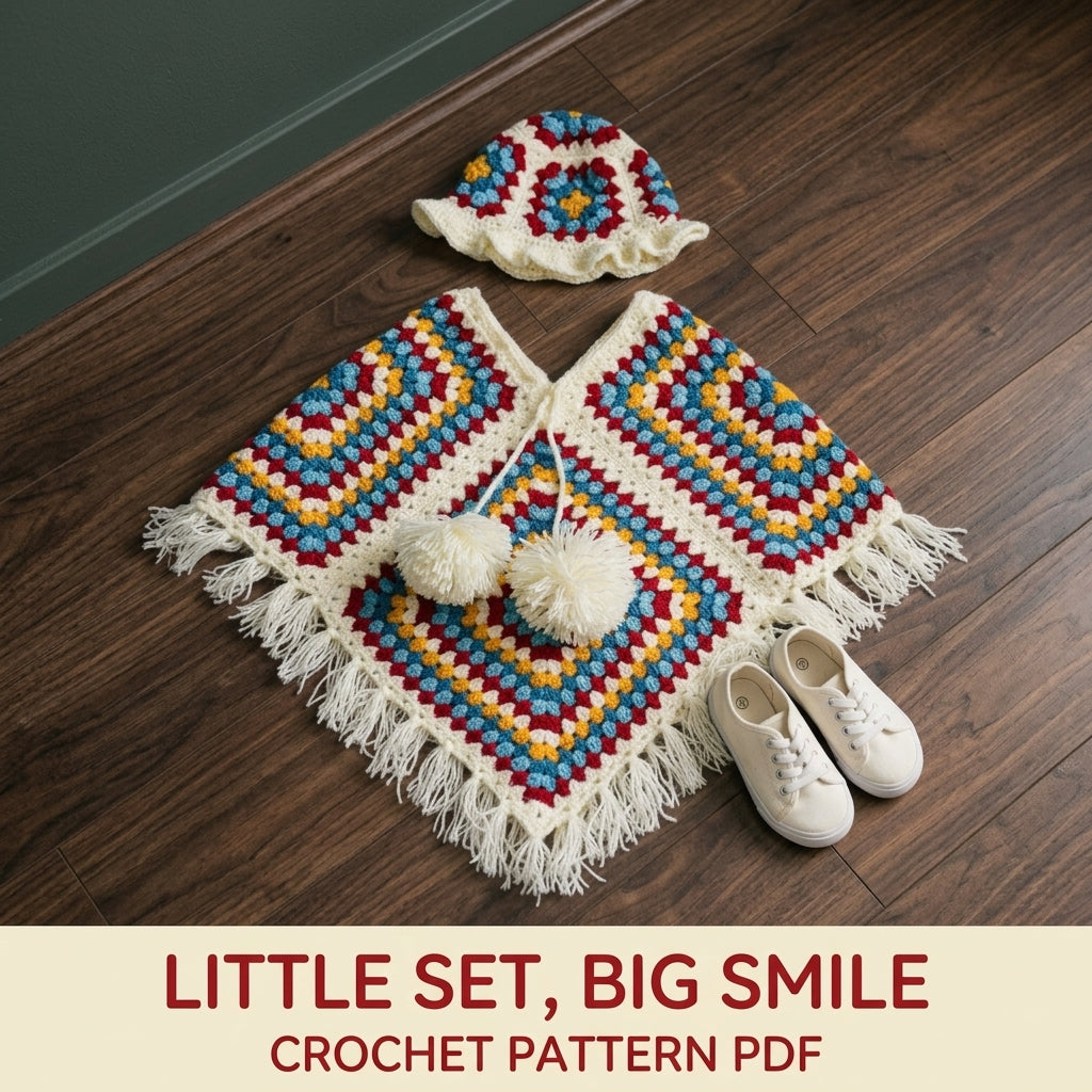 Granny Poncho and Hat Set Crochet Pattern PDF – Kids Retro Poncho with Fringe