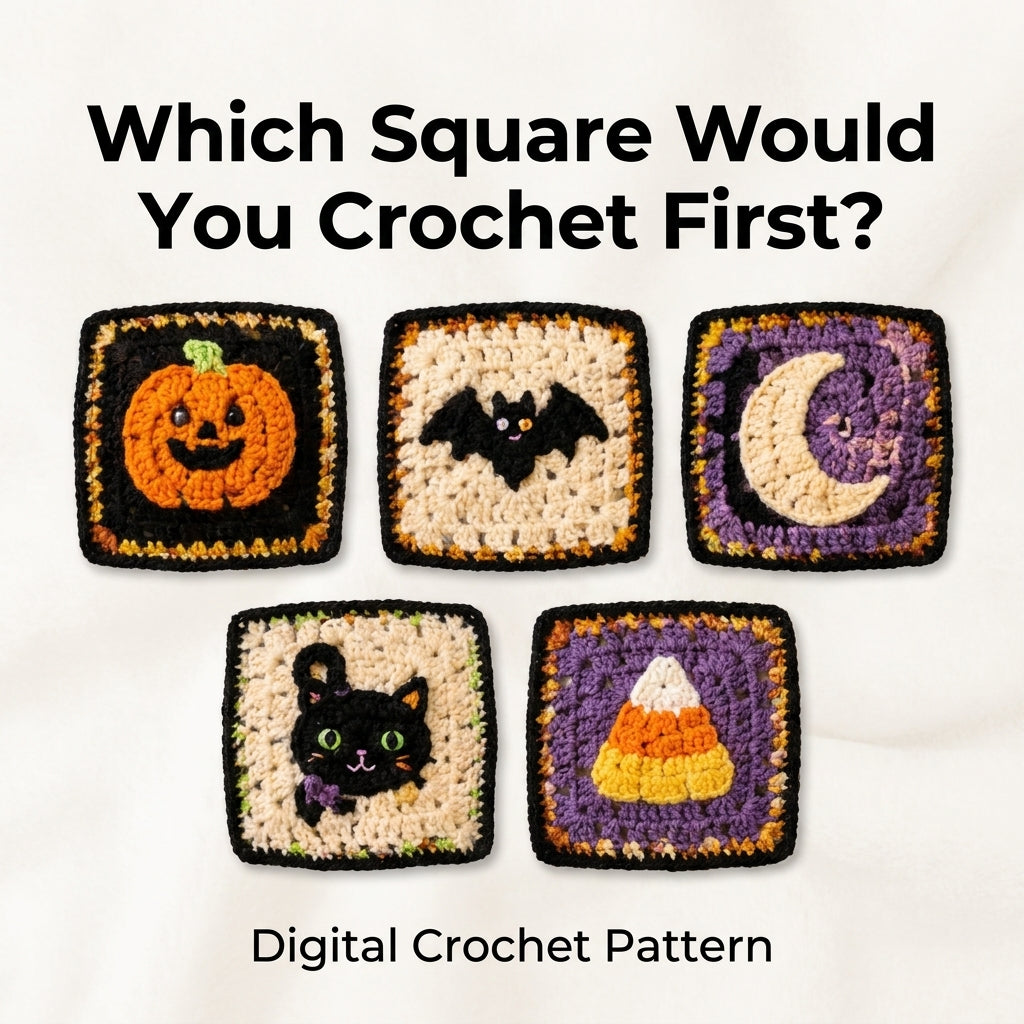 Halloween Sampler Granny Square Blanket Crochet Pattern | 8 Motif Squares in One PDF | Pumpkin, Bat, Black Cat, Candy Corn & More | Instant Download
