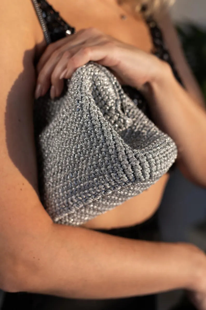 Shiny Crochet Clutch Pattern with Frame, Christmas Evening Bag PDF & Video Tutorial, DIY Sparkle Yarn Pouch, Crochet Clutch for New Year