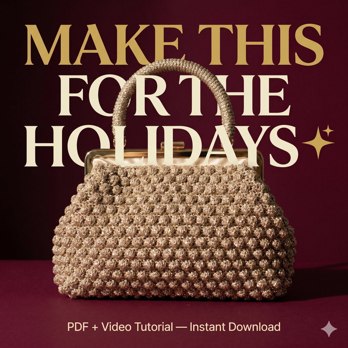 Shiny Crochet Clutch Pattern with Frame, Christmas Evening Bag PDF & Video Tutorial, DIY Sparkle Yarn Pouch, Crochet Clutch for New Year