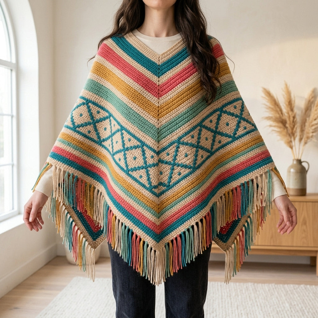Coastal Lattice Poncho Crochet Pattern PDF – Boho Fringe Poncho with Mosaic Colourwork Band