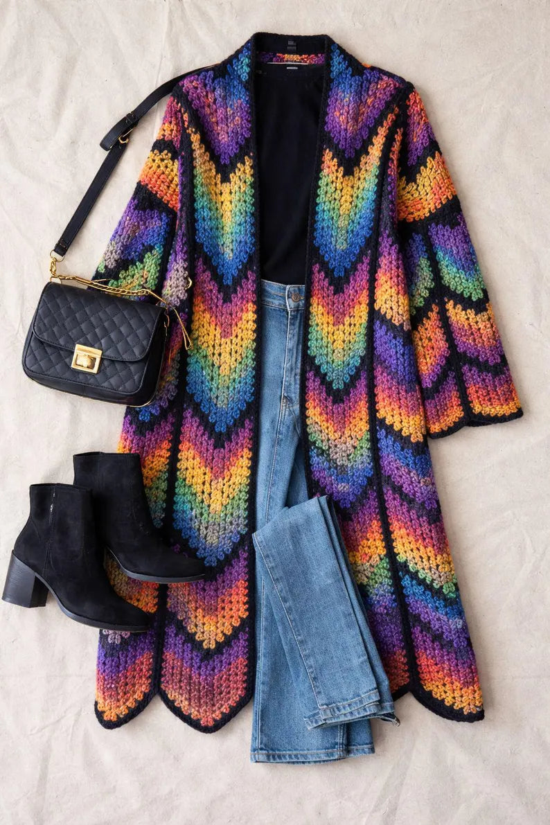 Long Coat Crochet Cardigan Pattern, Granny Stitch, Diamond colorful Batik | (English US-UK PDF)