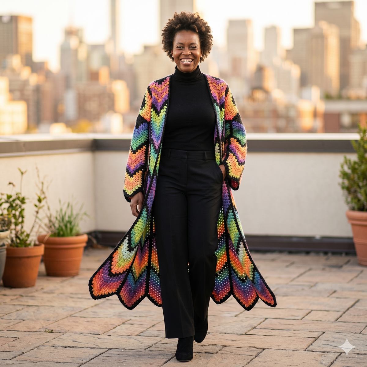 Long Coat Crochet Cardigan Pattern, Granny Stitch, Diamond colorful Batik | (English US-UK PDF)