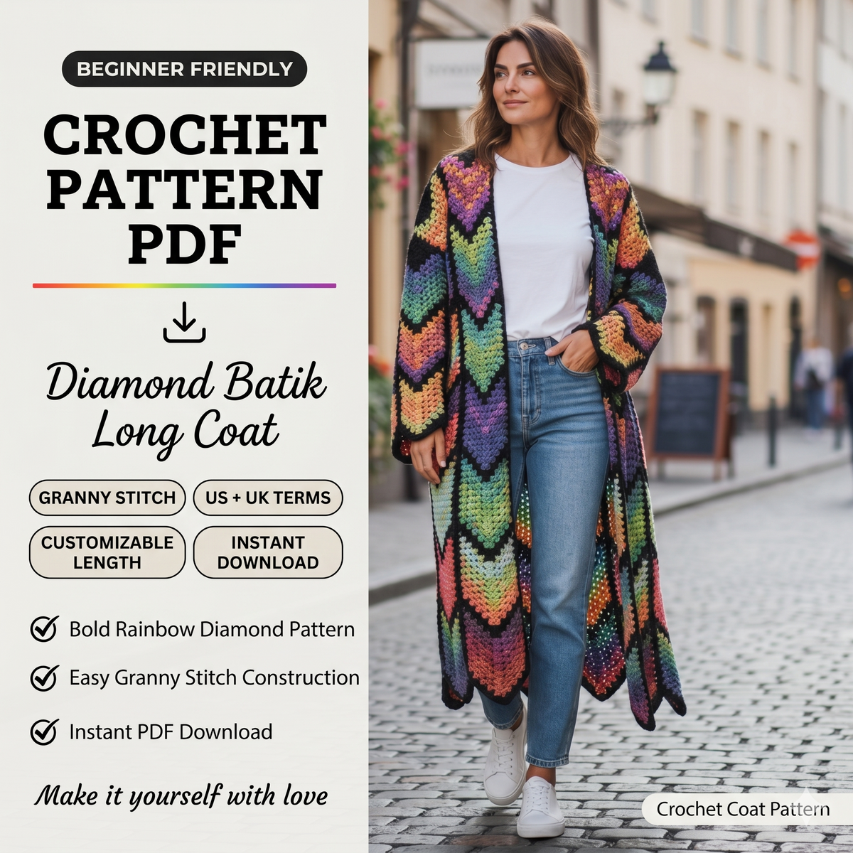 Long Coat Crochet Cardigan Pattern, Granny Stitch, Diamond colorful Batik | (English US-UK PDF)