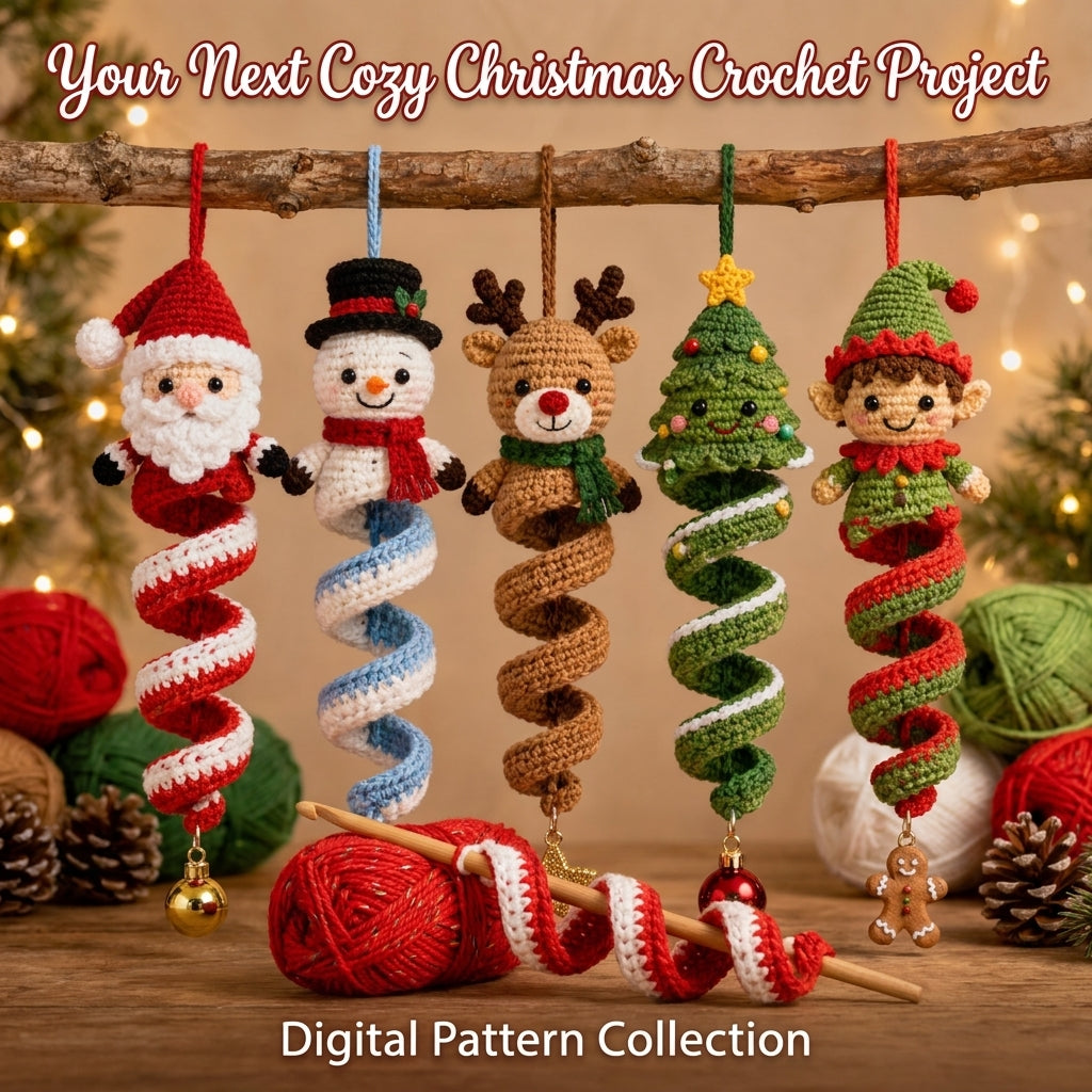 Christmas Spiral Ornament Crochet Pattern | Set of 5 Hanging Decorations | Santa, Snowman, Reindeer, Tree & Elf | PDF Instant Download