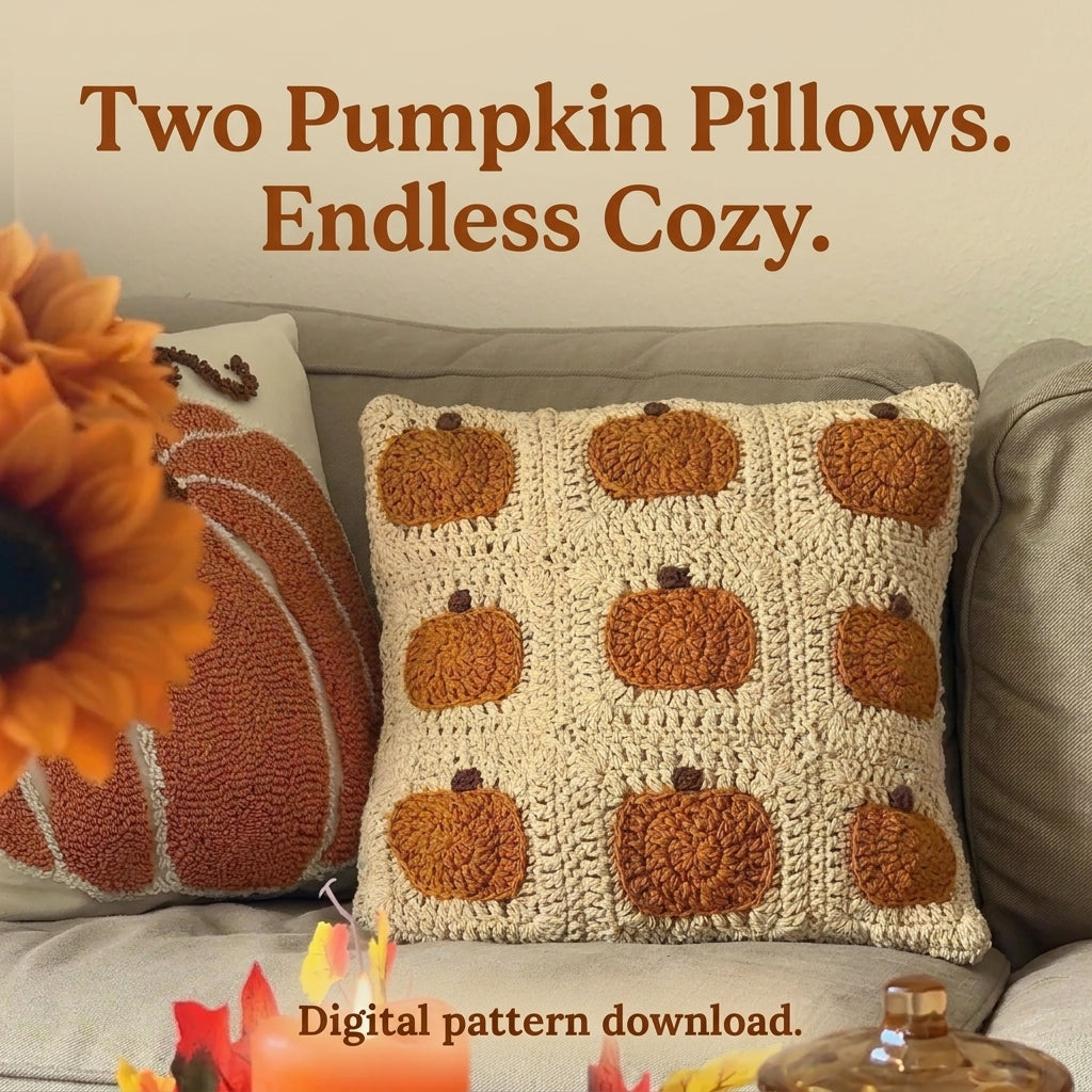 Pumpkin Granny Square Cushion Crochet Pattern — Autumn Pillow Cover in Cream and Rust, US Terms, PDF Download