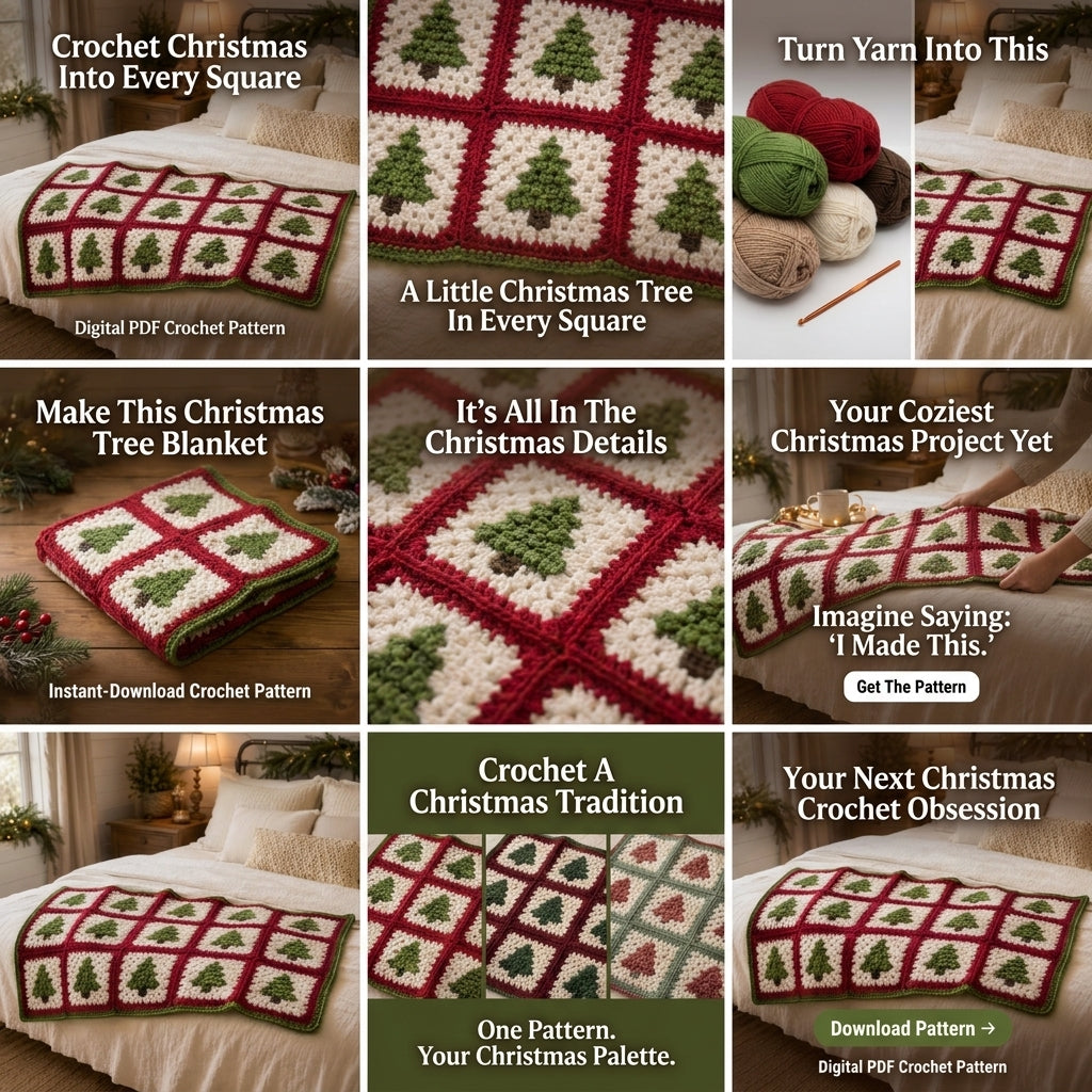 Christmas Tree Granny Square Blanket Crochet Pattern — Festive Throw in Red, Green and Cream, 4 Sizes, US Terms, PDF Download