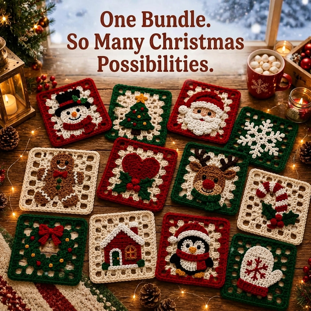 12 Christmas Granny Squares Crochet Pattern — Festive Motif Collection for Blankets, Cushions and Ornaments, US Terms, PDF Download