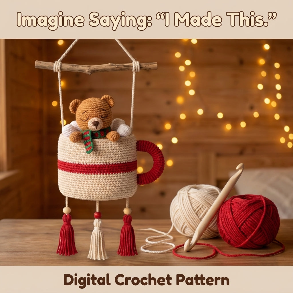 Crochet Cocoa Mug Wall Hanging Pattern – Sleepy Teddy Bear with Marshmallows