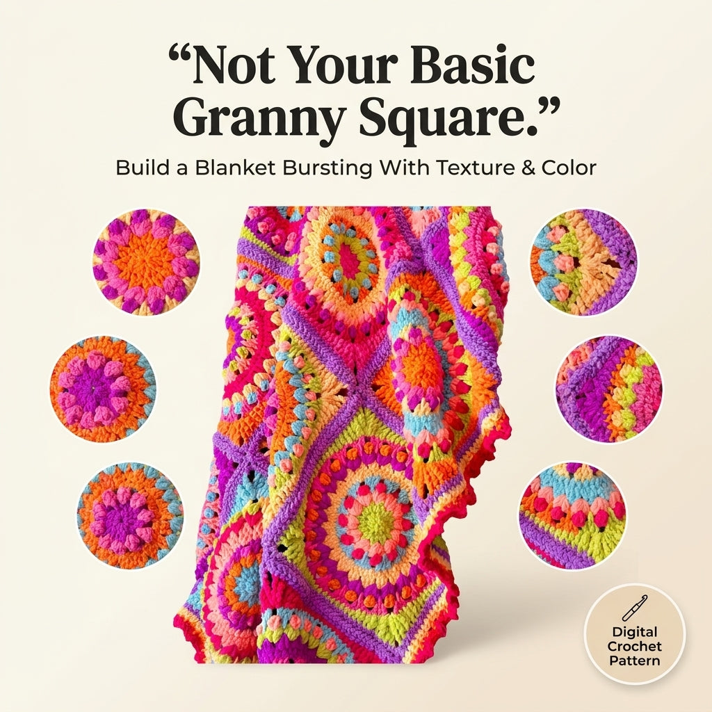 Neon Rainbow Puff Granny Square Blanket Crochet Pattern