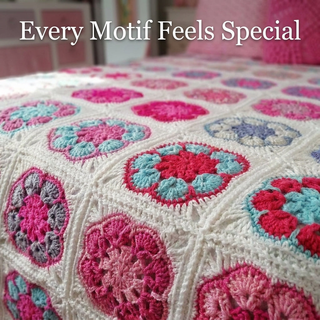Flower Granny Square Bedspread Crochet Pattern — White-Framed Vintage Afghan with Popcorn Petals, US Terms, PDF Download