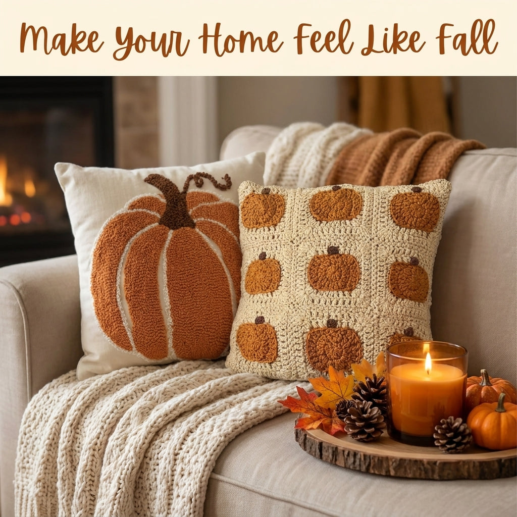 Pumpkin Granny Square Cushion Crochet Pattern — Autumn Pillow Cover in Cream and Rust, US Terms, PDF Download