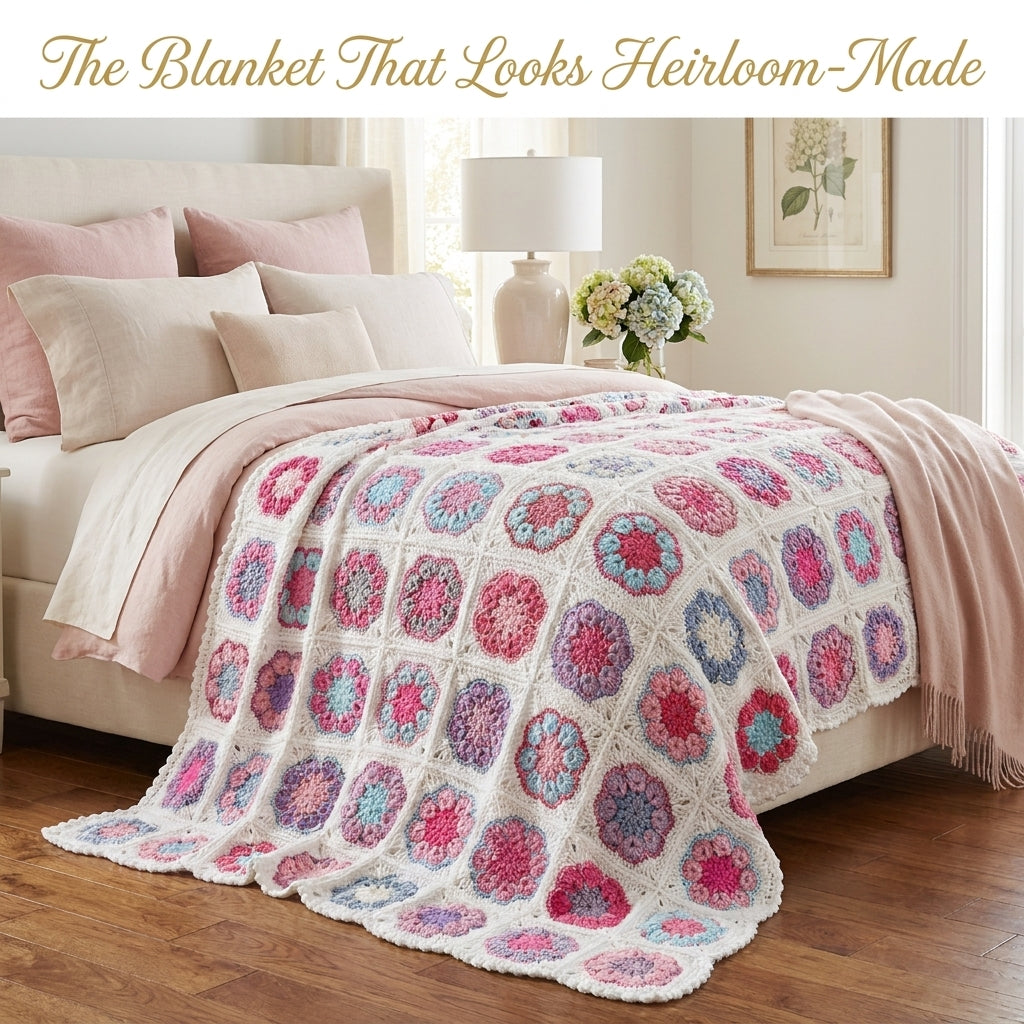 Flower Granny Square Bedspread Crochet Pattern — White-Framed Vintage Afghan with Popcorn Petals, US Terms, PDF Download