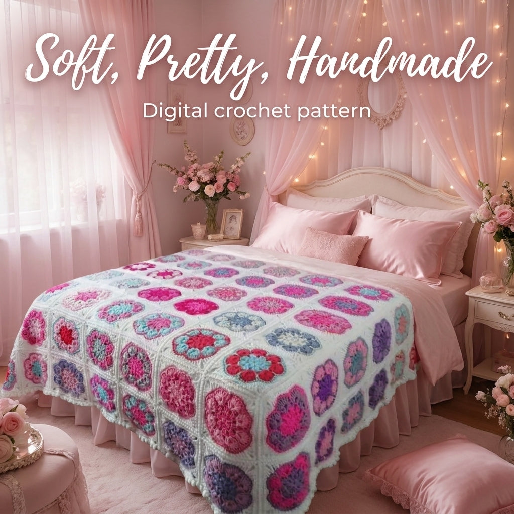 Flower Granny Square Bedspread Crochet Pattern — White-Framed Vintage Afghan with Popcorn Petals, US Terms, PDF Download