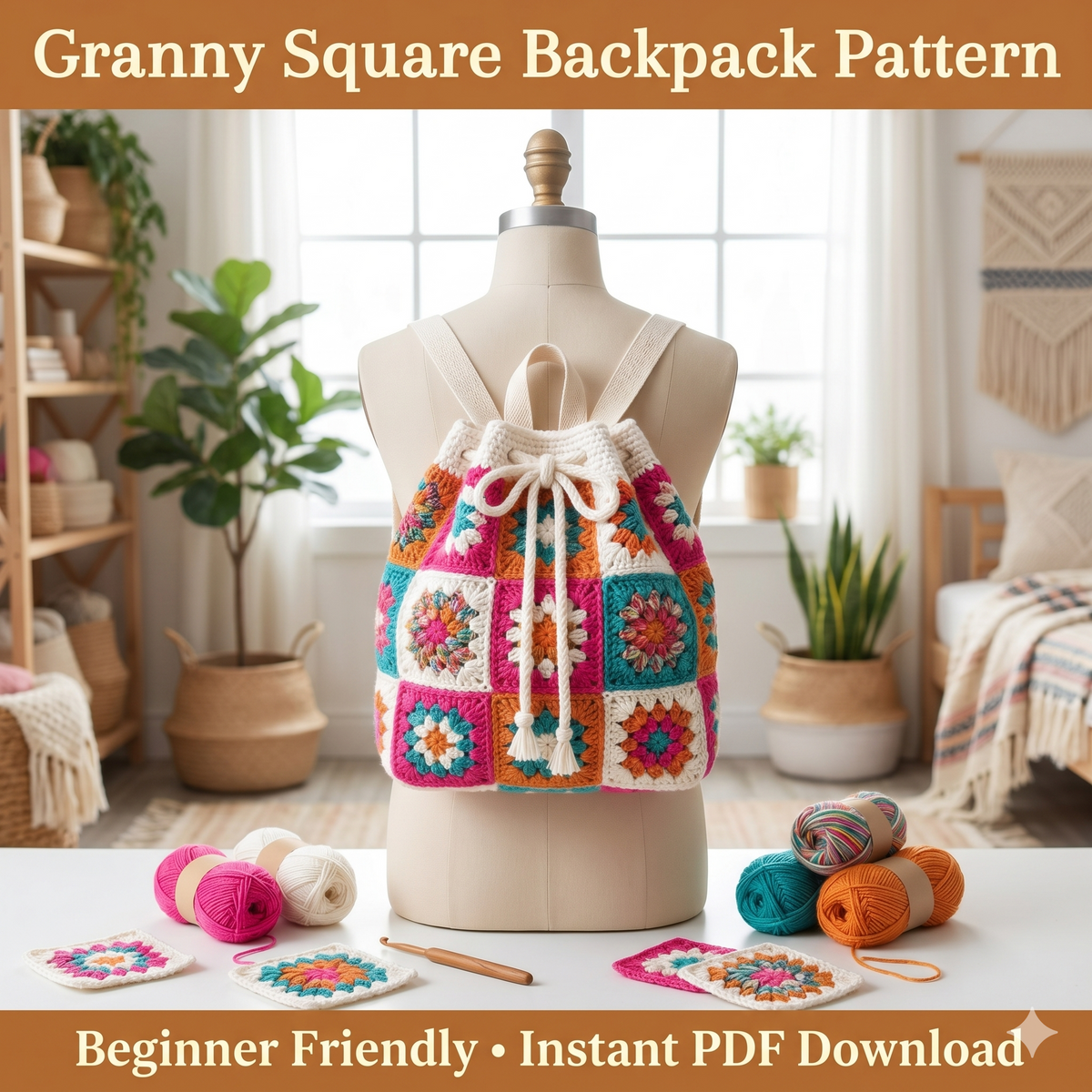 Crochet Backpack Pattern PDF, Granny Square Backpack Pattern, Boho Crochet Bag Pattern, Beginner Crochet Backpack, DIY Crochet Bag Tutorial