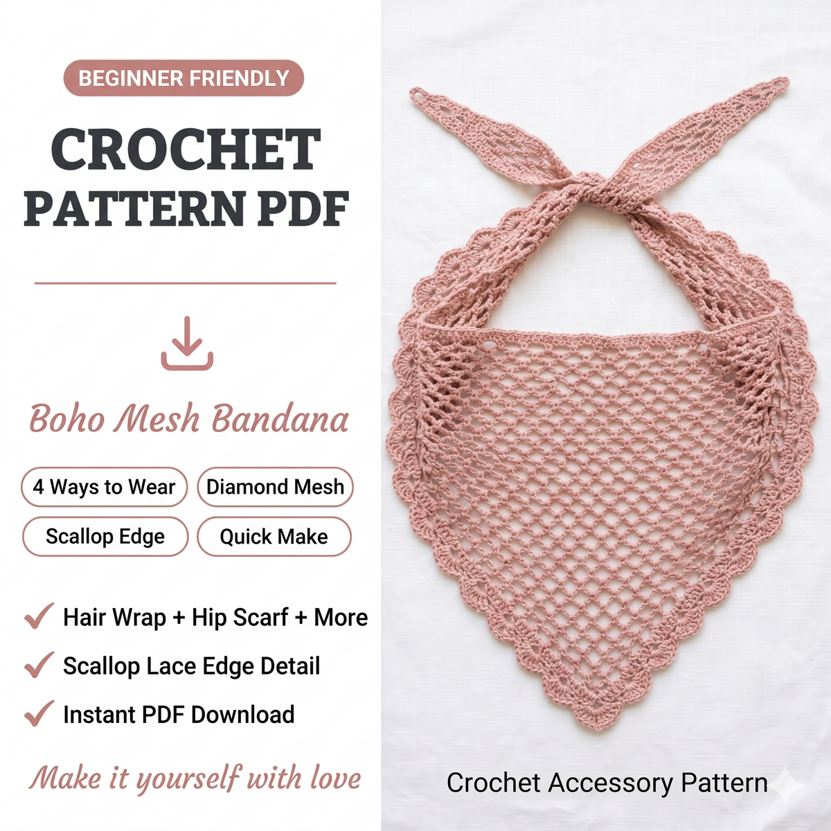 Crochet Bandanna PDF Pattern | Mesh Hair Scarf | Boho Headscarf | Summer Hip Wrap | Summer Crochet Tee | Digital Download | Crochet Pattern