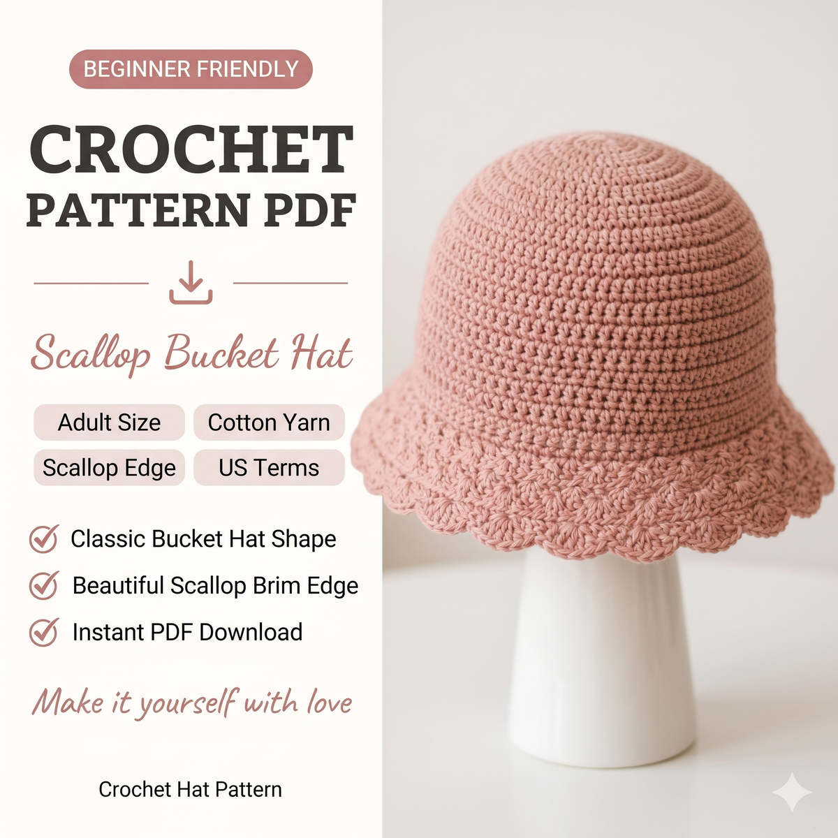 Crochet Bucket Hat Pattern PDF | Scallop Edge Sun Hat (Digital Download)
