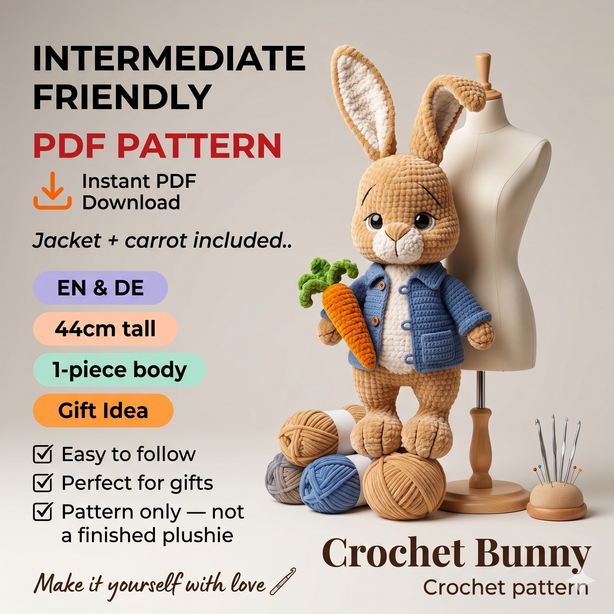 Crochet Bunny Pattern: DIY stuffed animals and plushies (PDF Pattern)