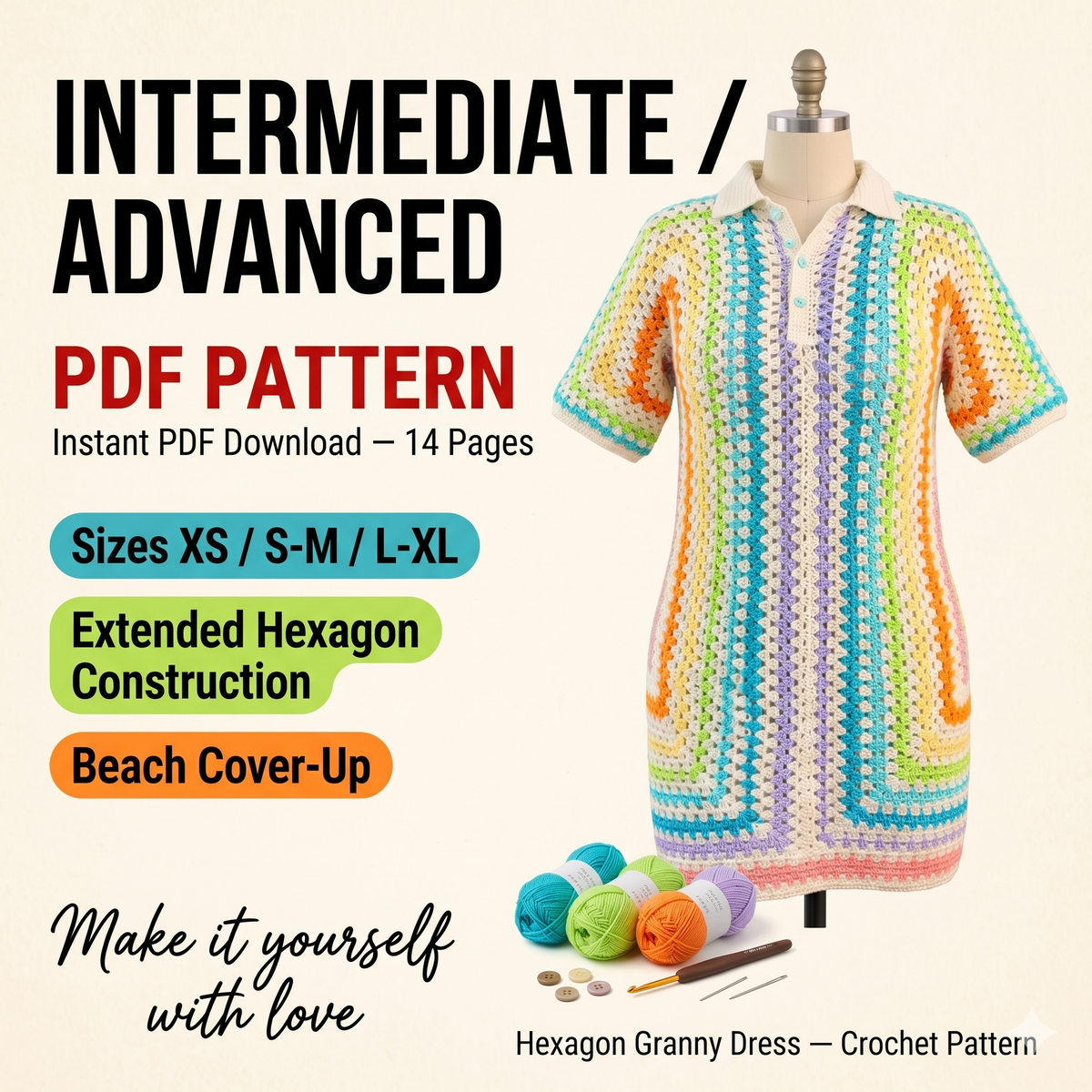 Crochet Extended Hexagon Dress Pattern, Beach Swimsuit Cover-Up, Granny Stitch Summer Dress
