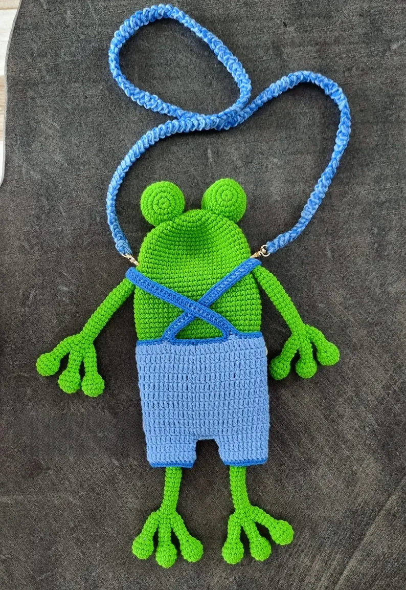 Crochet Frog Handbag Pattern – Amigurumi PDF with Blue Jumpsuit