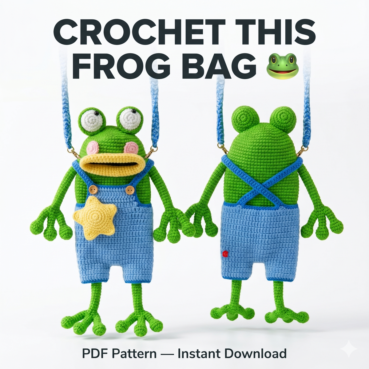 Crochet Frog Handbag Pattern – Amigurumi PDF with Blue Jumpsuit