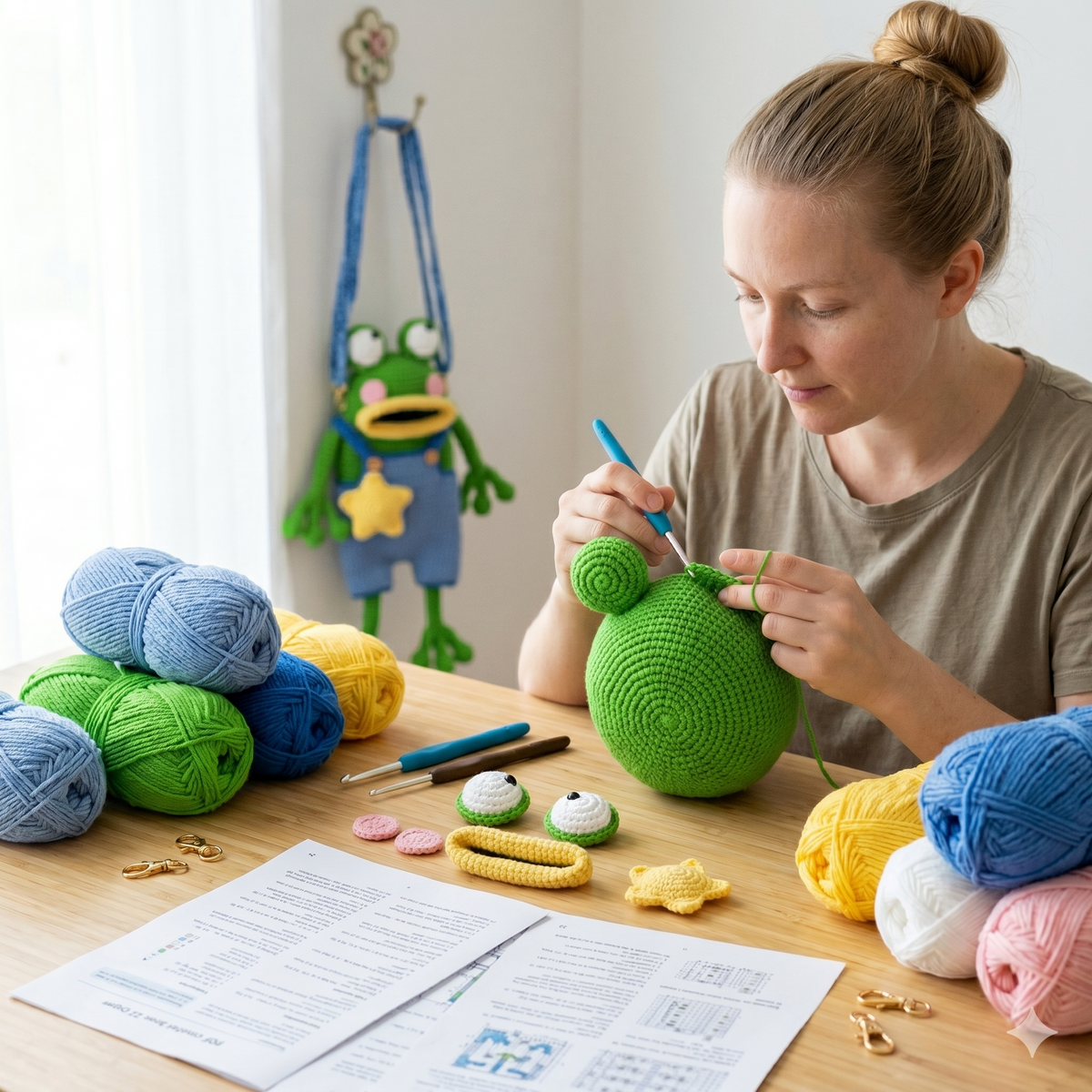 Crochet Frog Handbag Pattern – Amigurumi PDF with Blue Jumpsuit