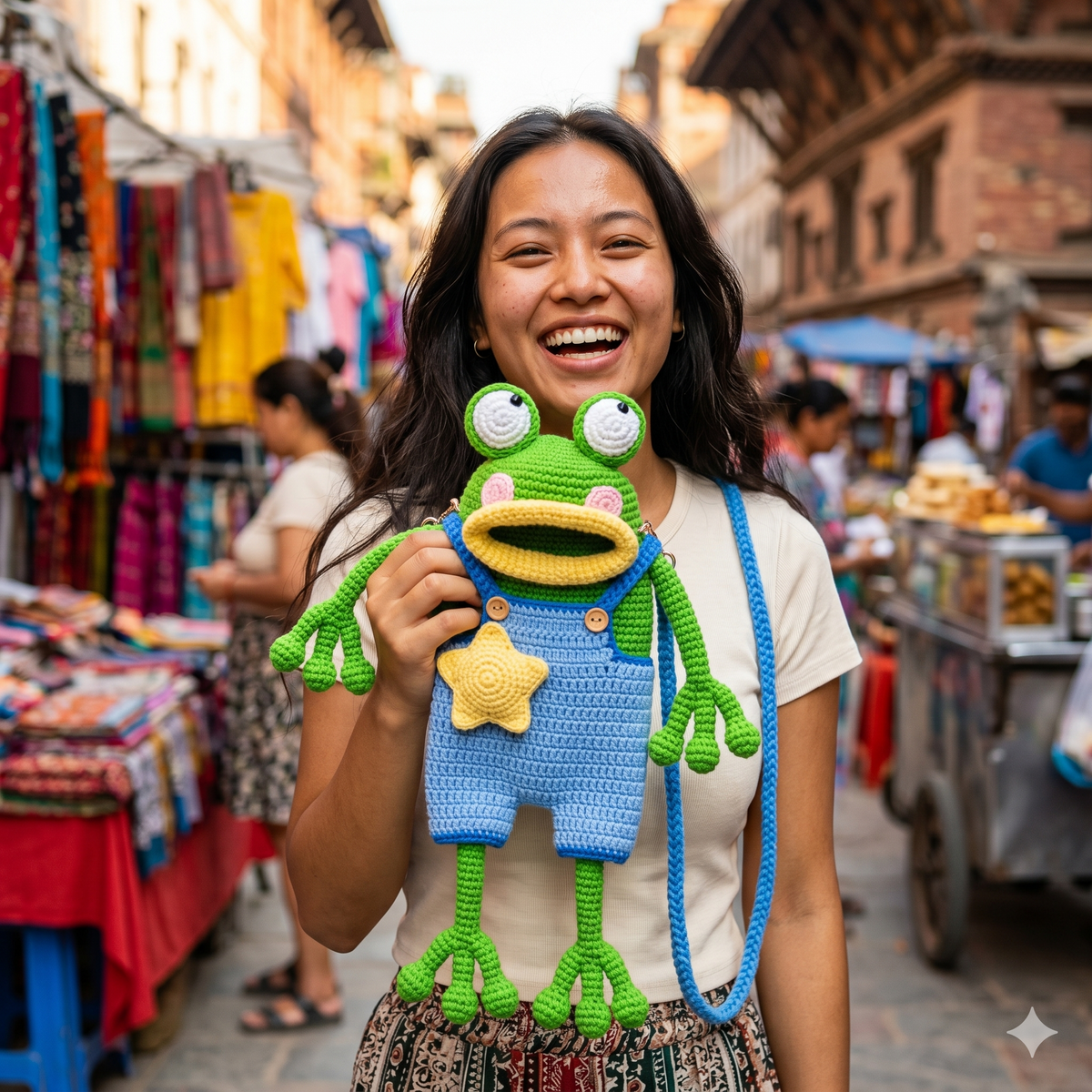 Crochet Frog Handbag Pattern – Amigurumi PDF with Blue Jumpsuit