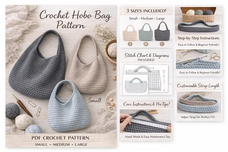 Crochet Hobo Bag Pattern PDF, Slouchy Tote, Beginner Tutorial, 3 Sizes (Small, Medium, Large)