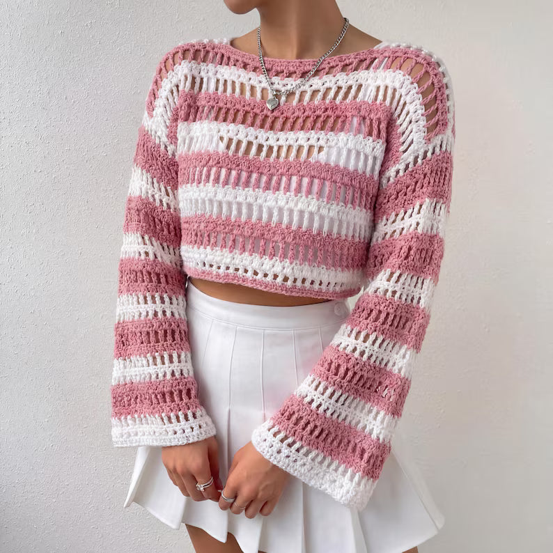Crochet Mesh Sweater Pattern PDF, Striped Crochet Crop Top Pattern, Open Stitch Summer Crochet Sweater, Made to Measure Crochet Pullover Top