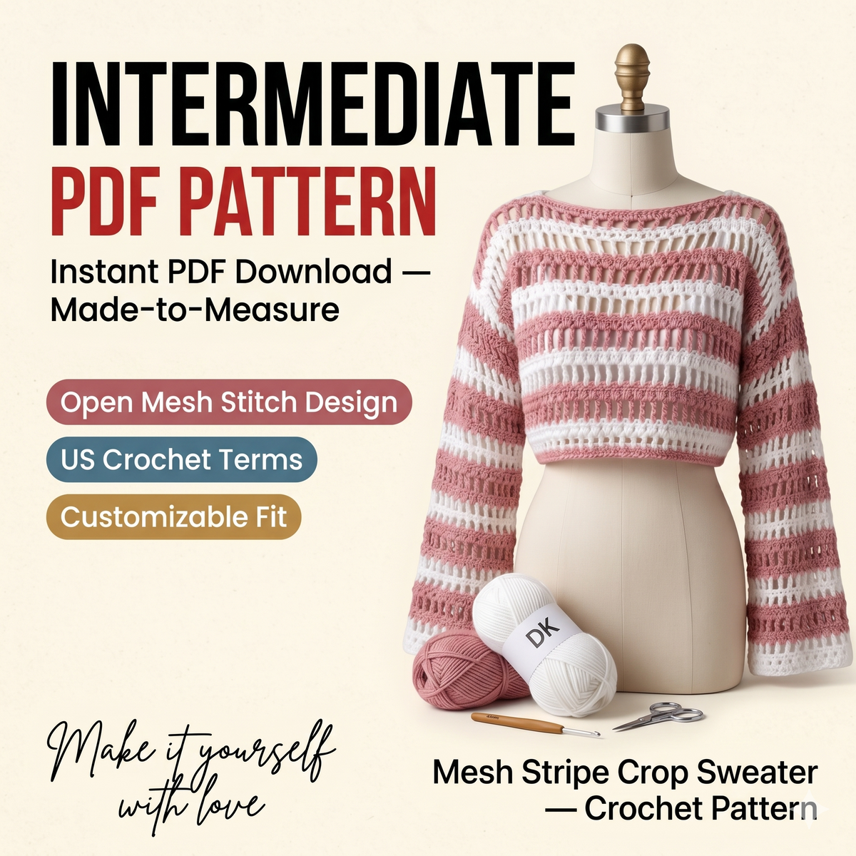 Crochet Mesh Sweater Pattern PDF, Striped Crochet Crop Top Pattern, Open Stitch Summer Crochet Sweater, Made to Measure Crochet Pullover Top