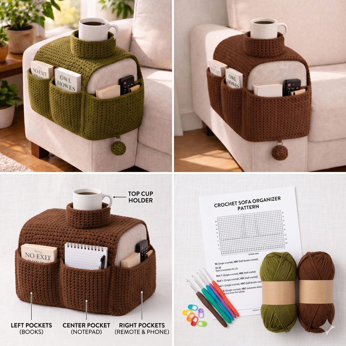Crochet Sofa Arm Organizer Pattern PDF | Couch Caddy with Pockets | Beginner Crochet Home Storage | Armchair Organizer Digital Download