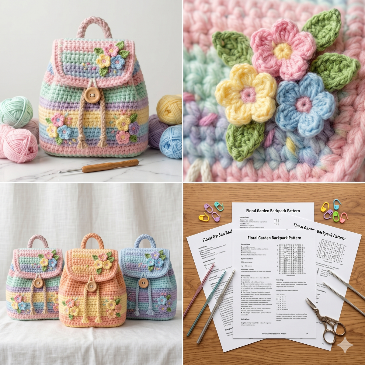 Crochet Spring Flower Backpack Pattern (PDF), Pastel Kids Bag Tutorial