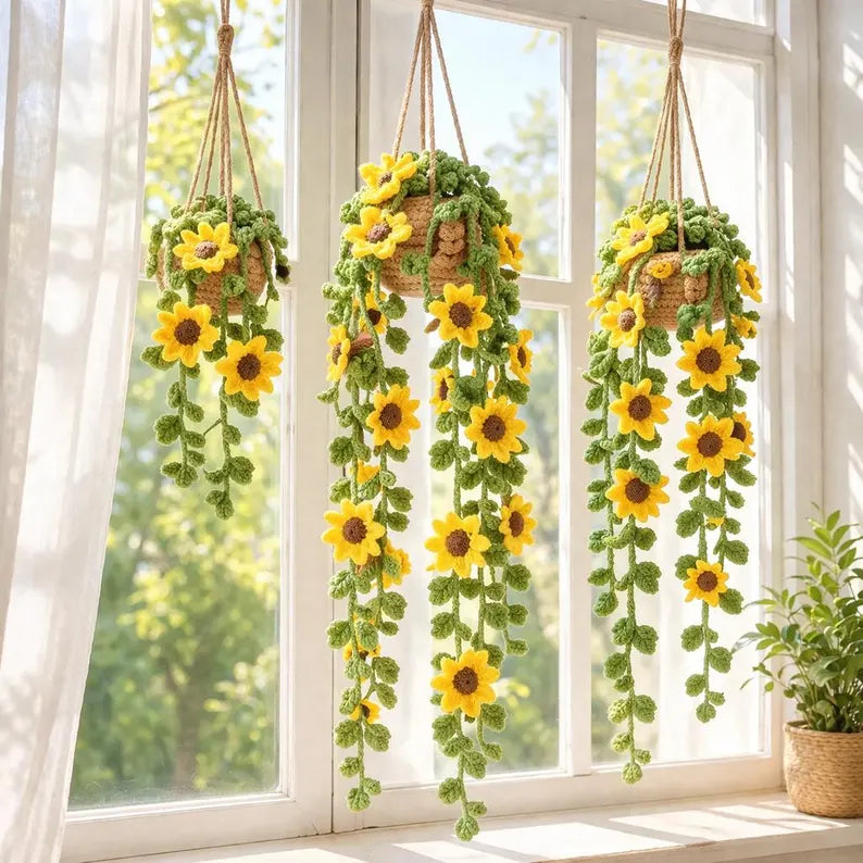 Crochet Sunflower Hanging Plant Pot Pattern, Amigurumi Flower Pot Tutorial PDF, DIY Nursery Room Decor
