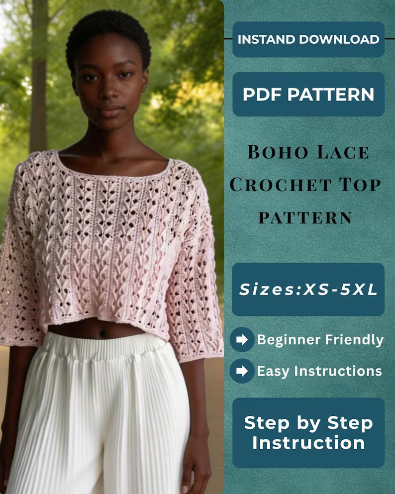 Crochet Crop Top Pattern PDF, Boho Lace Crochet Top, Summer Crochet Sweater, Womens Crochet Blouse Pattern, Easy DIY Top