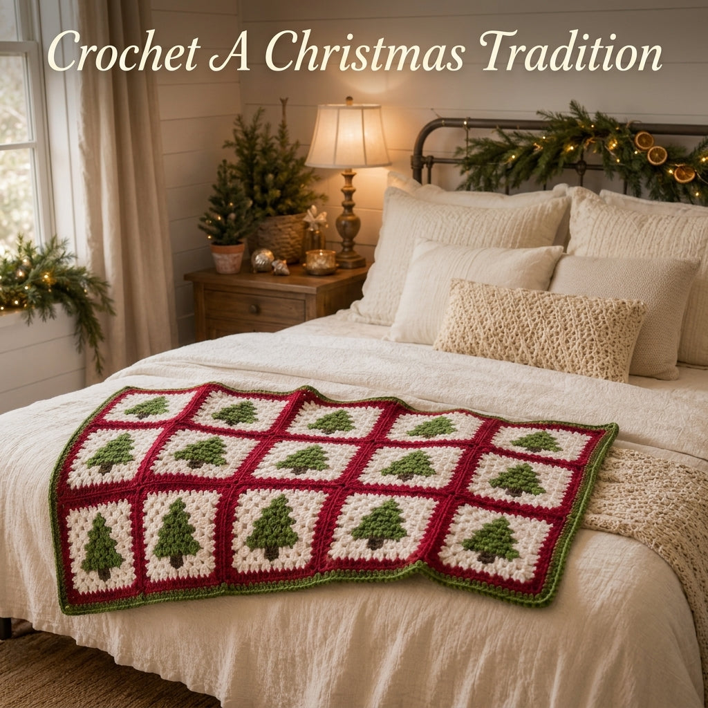 Christmas Tree Granny Square Blanket Crochet Pattern — Festive Throw in Red, Green and Cream, 4 Sizes, US Terms, PDF Download
