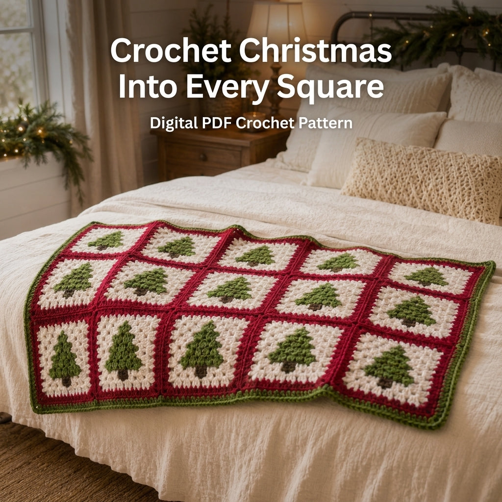 Christmas Tree Granny Square Blanket Crochet Pattern — Festive Throw in Red, Green and Cream, 4 Sizes, US Terms, PDF Download