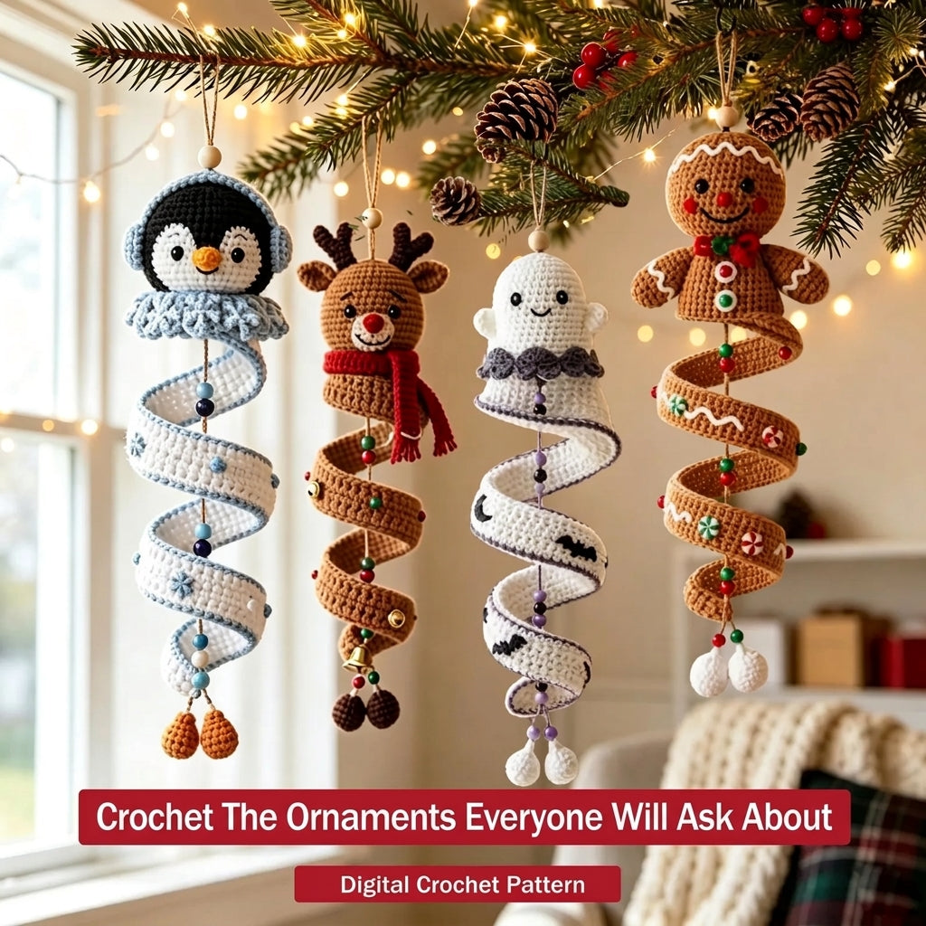 Spiral Christmas Ornament Crochet Pattern — Penguin, Reindeer, Ghost and Gingerbread Man, 4 Patterns in 1, US Terms, PDF Download