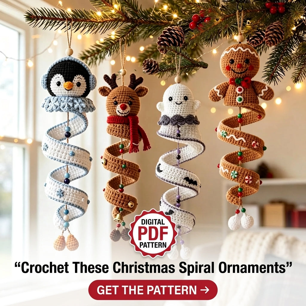 Spiral Christmas Ornament Crochet Pattern — Penguin, Reindeer, Ghost and Gingerbread Man, 4 Patterns in 1, US Terms, PDF Download
