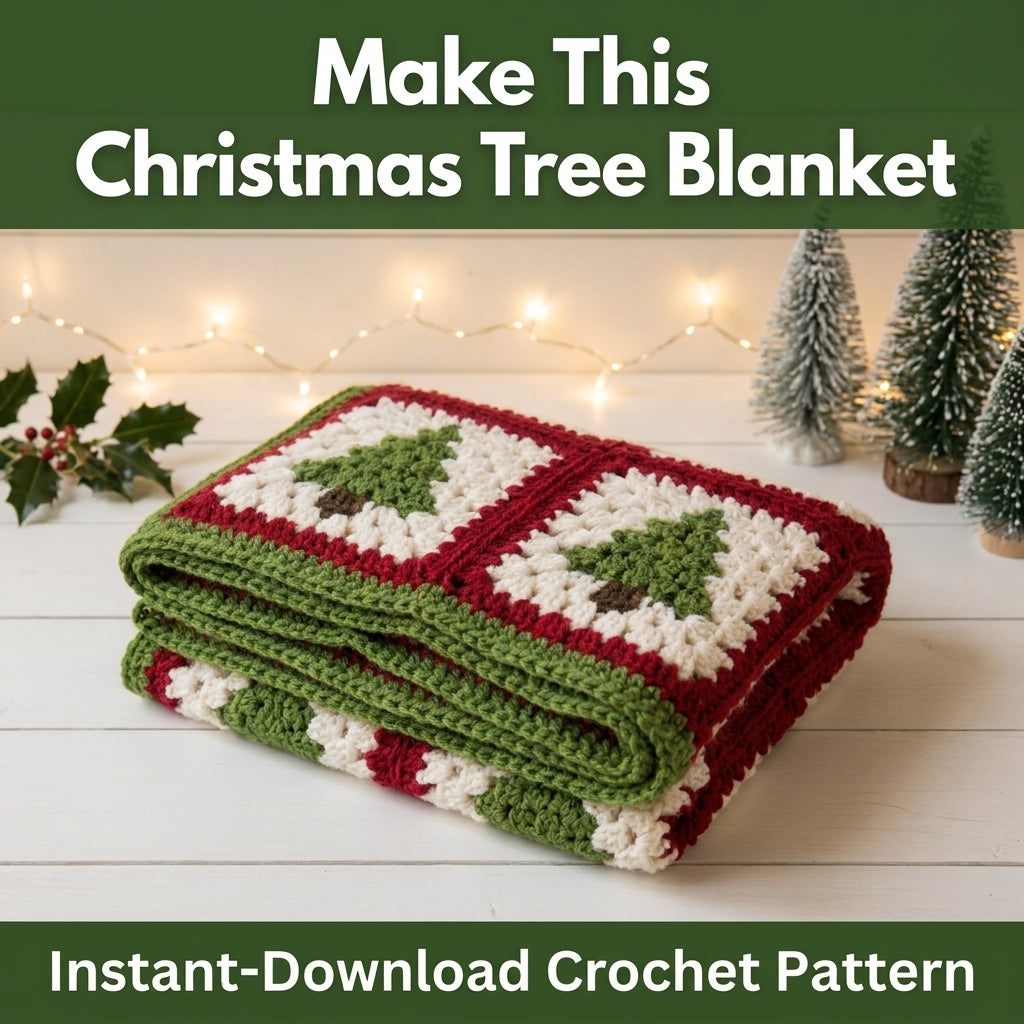Christmas Tree Granny Square Blanket Crochet Pattern — Festive Throw in Red, Green and Cream, 4 Sizes, US Terms, PDF Download
