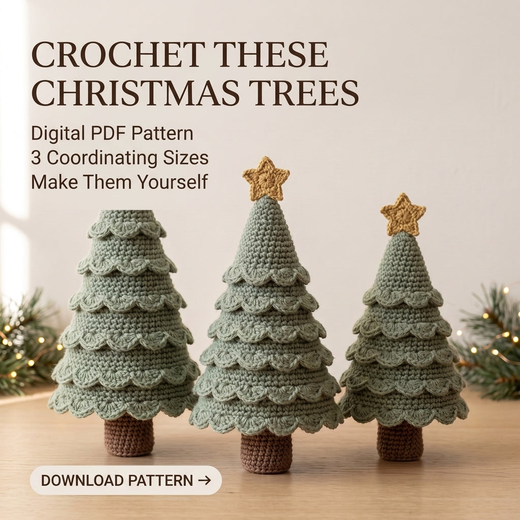 Crochet Christmas Tree Pattern – 3 Sizes, Scalloped Tabletop Trees