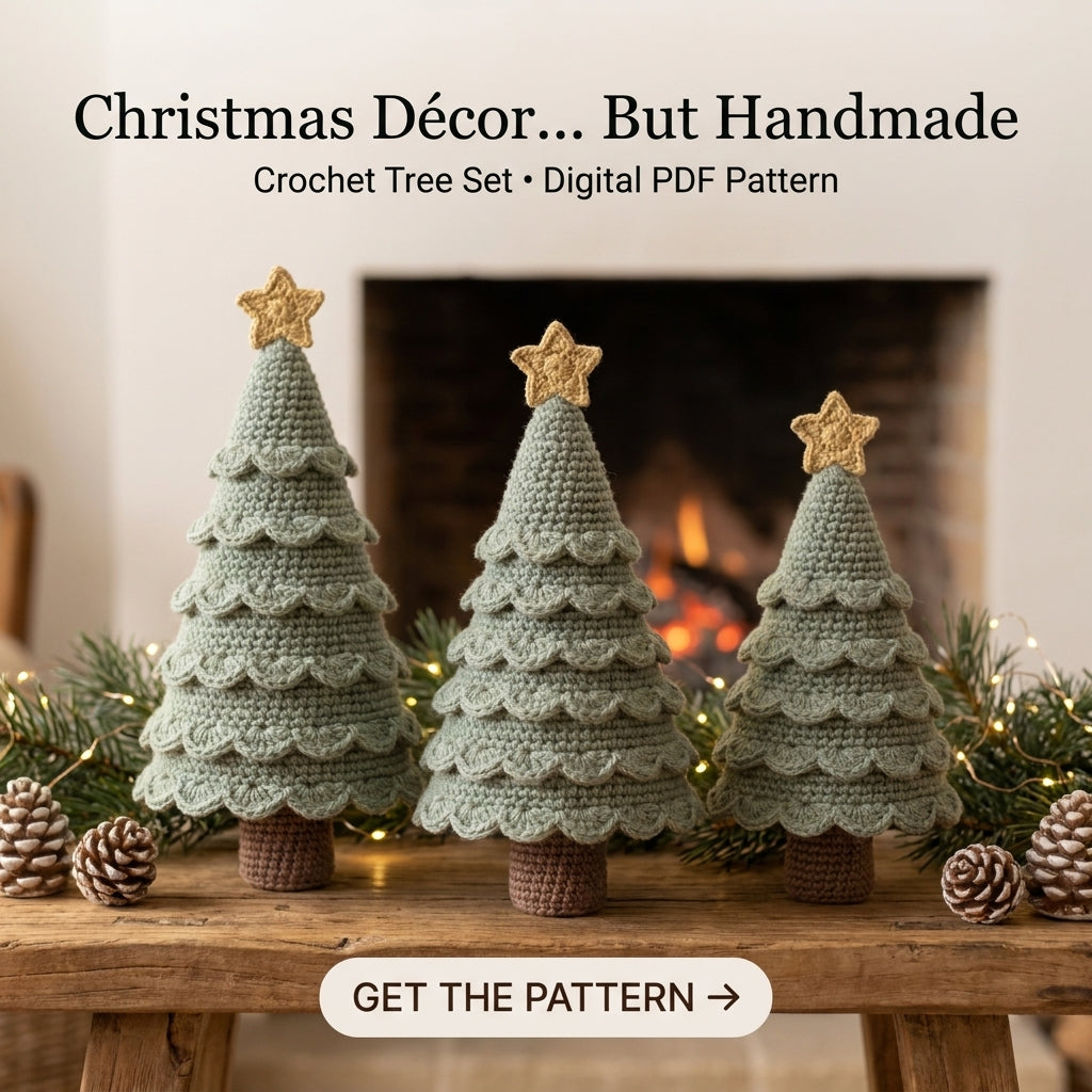 Crochet Christmas Tree Pattern – 3 Sizes, Scalloped Tabletop Trees